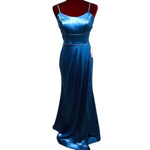 TEEZE ME 5/6 blue satin lace up backless mermaid maxi prom party dress NWT B74